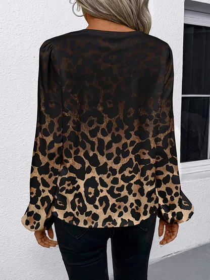 Women's Casual Leopard Print Lantern Sleeve V-Neck Shirt