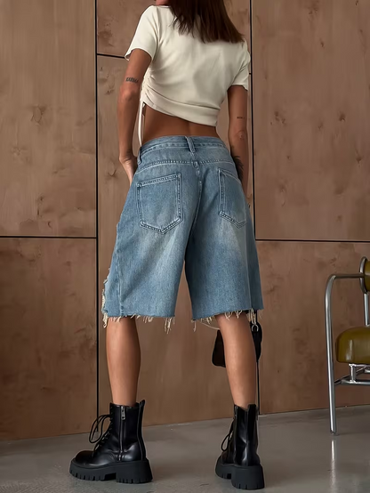 Women's Casual Ripped Denim Rhinestone Jeans Shorts for  Daily Wear