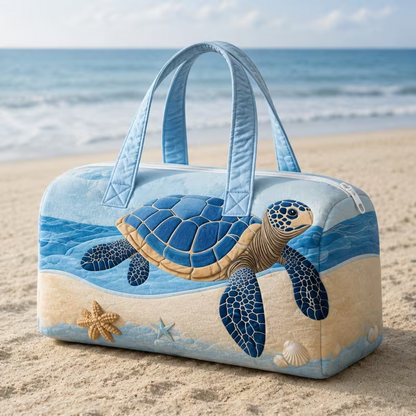 Fresh Ocean Sea Turtle Starfish Seashell Large-Capacity Tote Travel Bag, Light Blue Ocean Wave Beach Pattern Short-Distance Luggage Bag, Lightweight Seaside Vacation Overnight Bag