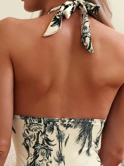 Women's Elegant One-Piece Swimsuit - High Elasticity Adjustable Straps & Waist Tie, Tropical Palm Print, Hand Wash Only, Beach & Poolwear, Summer Swimwear, Stylish Swimwear, Comfortable Fit