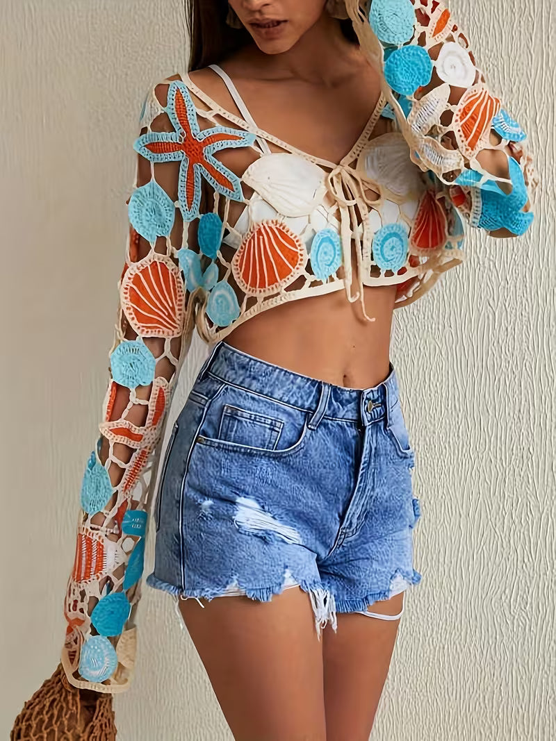 Beach Seaside Women'S Crochet Crop Top Drawstring Blouse Fashion Bohemian Cover-Up