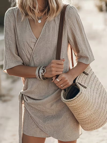 Women's Elegant Vacation Style V-Neck Wrap Dress with Twisted Waist, Mid-Sleeve Cropped Dress, Commuter Casual Beach Dress, and Leg-Lengthening Everyday Elegant Dress