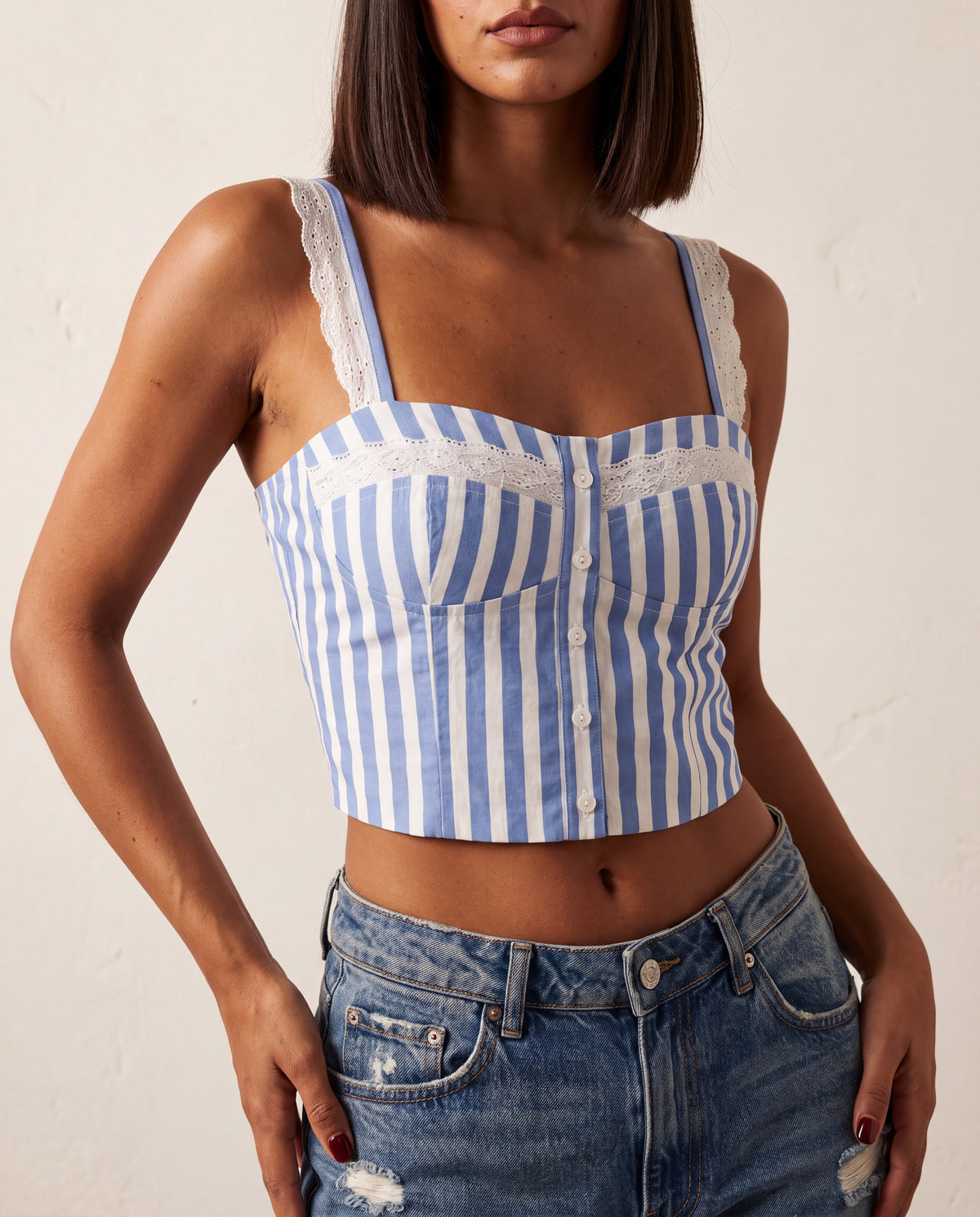 Embroidery Detailed Crop Blouse Blue