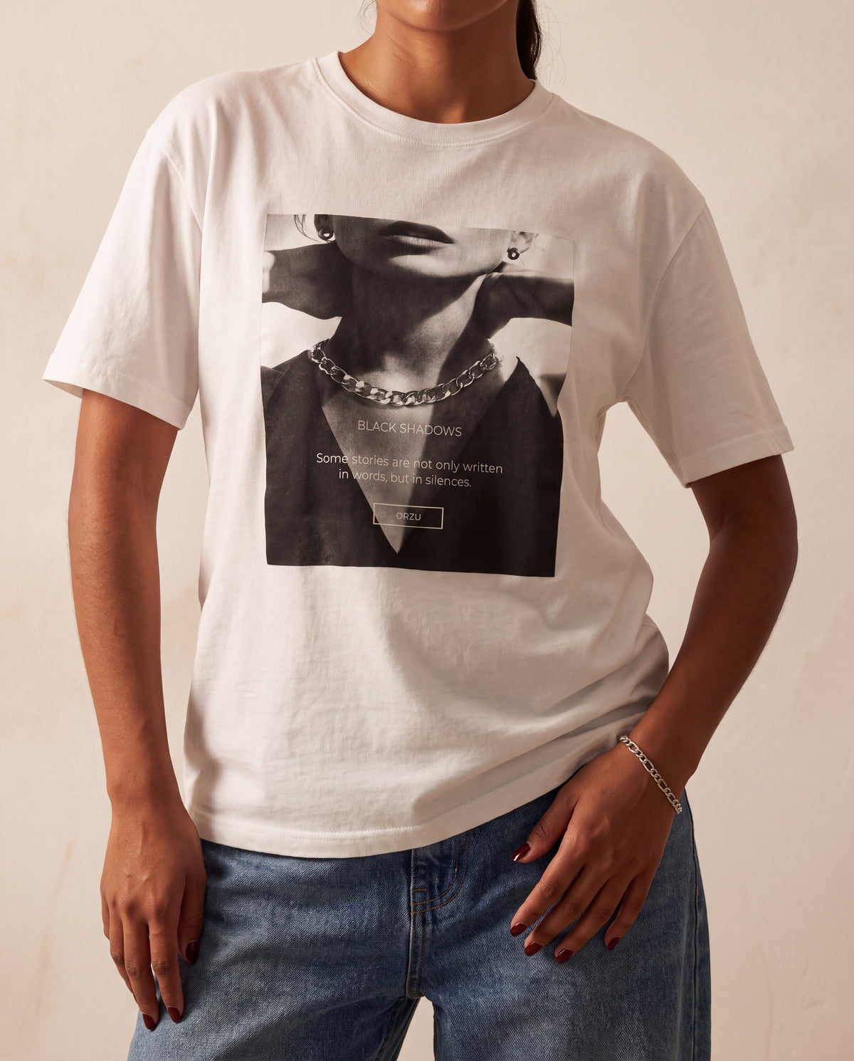 Printed Oversize T-Shirt with Chain Accessory, Ecru