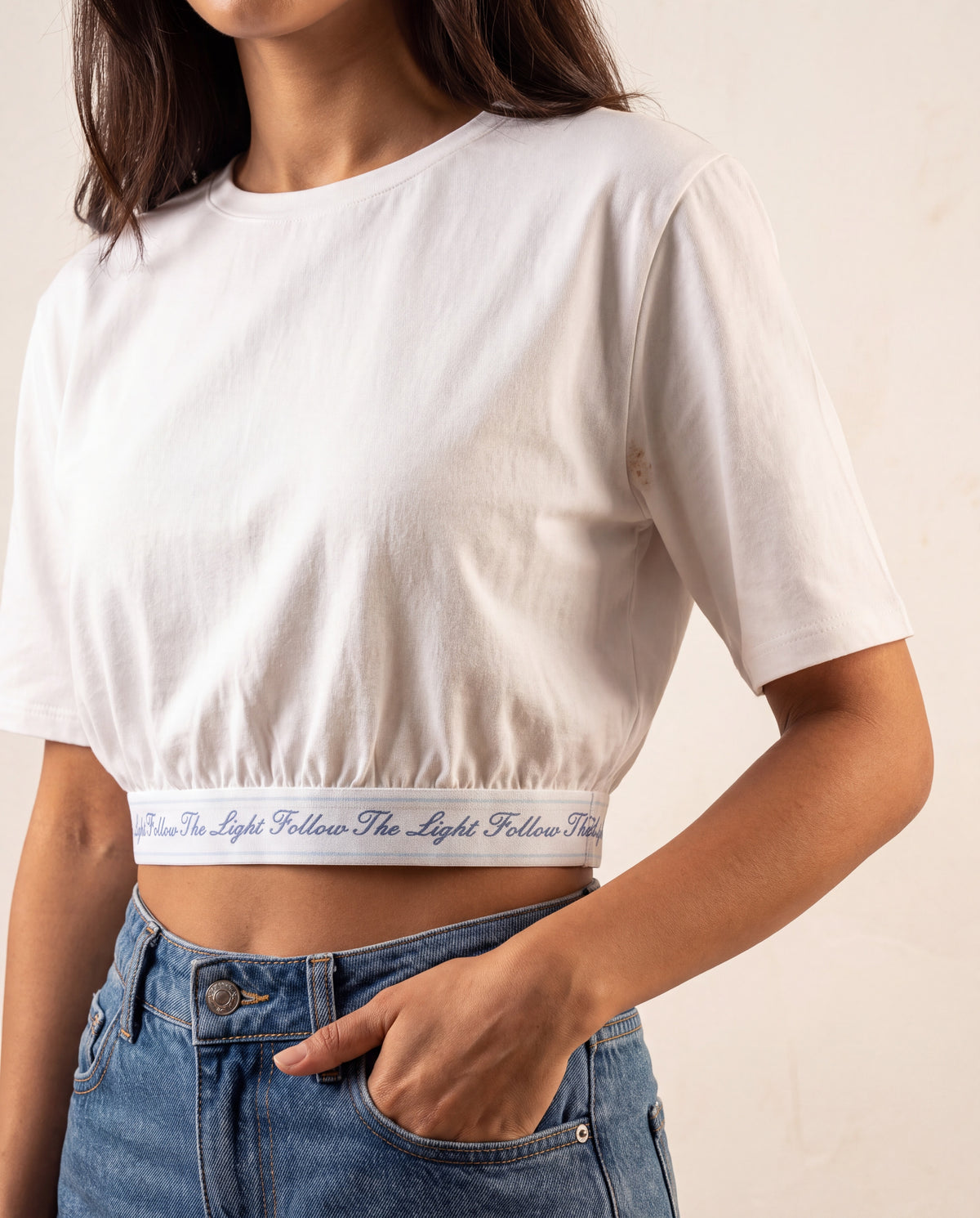 Short-Sleeve T-Shirt with Elastic Waist Detail, Ecru