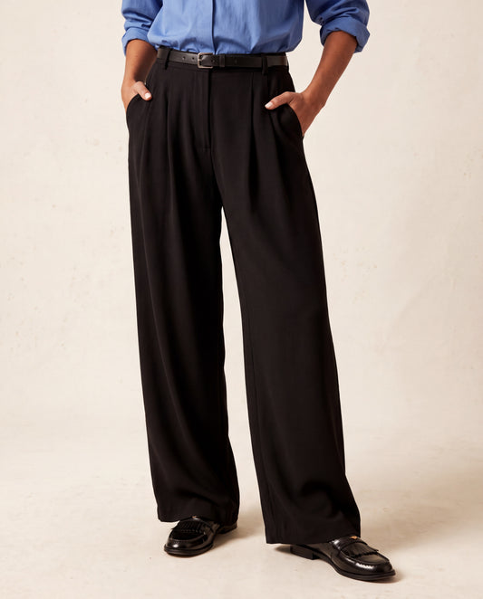 Black Belted Pleated Wide Leg/Extra Wide Leg Woven Palazzo