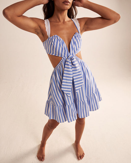 Embroidered Stripes Detailed Dress Blue