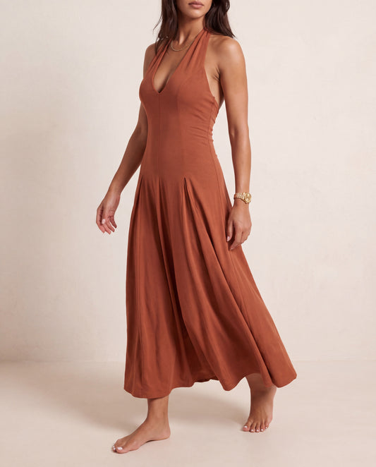 Tile Knit Midi Backless Halter Beach Dress