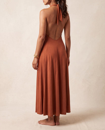 Tile Knit Midi Backless Halter Beach Dress