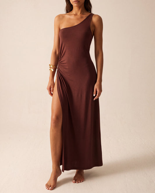 Brown Maxi Knitted Slit One Shoulder Beach