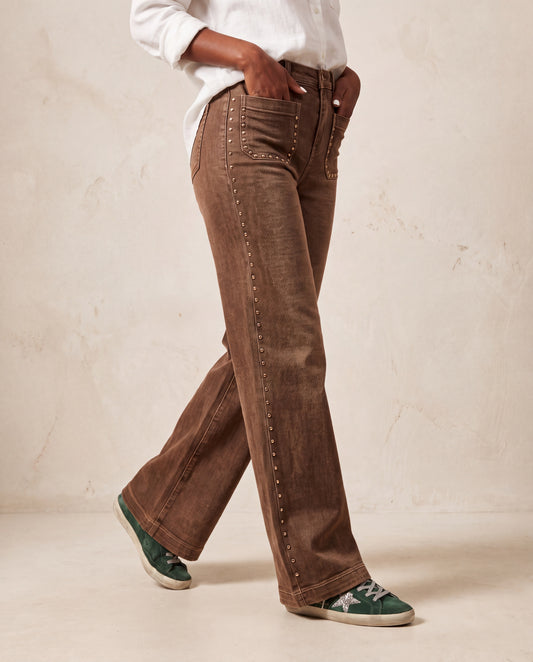 Ladies' New Stretch Button- Wide-Leg Jeans, BrownFull-Buttoned High-Waist Casual Trousers, Street-