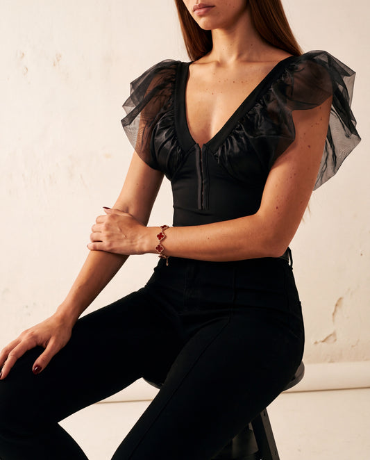 Black Woven Garnish Attached Flexible Knitted Bodysuit