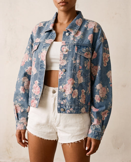 Women's Vintage Floral Print Denim Jacket Relaxed