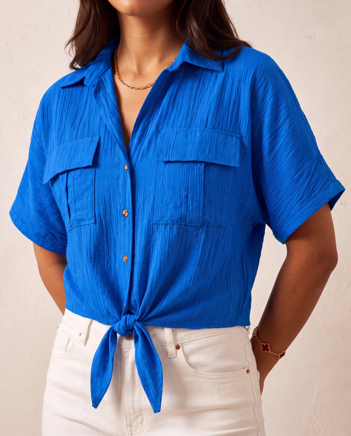 Front Tie Detail Double Pocket Shirt Baby Blue
