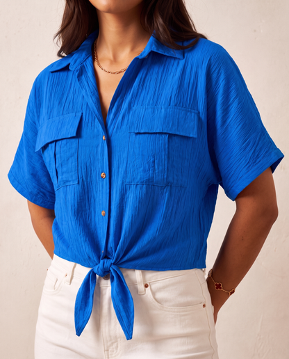 Front Tie Detail Double Pocket Shirt Baby Blue